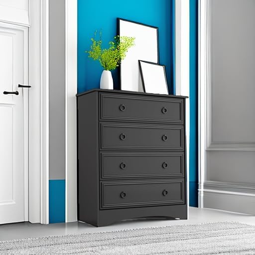 LGHM Modern 4 Drawer Dresser, Tall Dressers for Bedroom, Chest of Drawers Closet Organizers and Storage for Clothes - Easy Pull Handle, Textured Borders Drawers for Living Room, Hallway, Black
