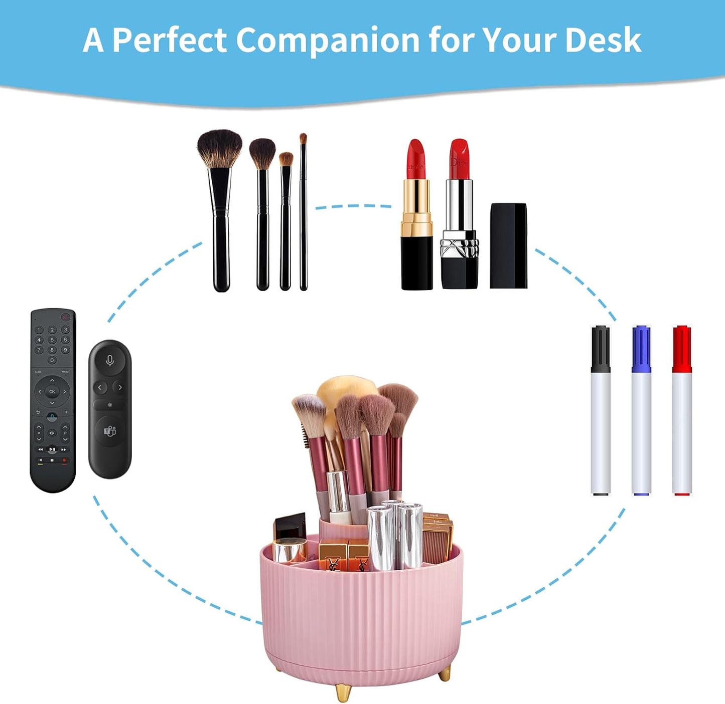 Marbrasse Desk Organizer, 360-Degree Rotating Pen Holder, Desk Organizers and Accessories with 5 Compartments Pencil Organizer, Art Supply Storage Box Caddy for Office, Home(Pink)