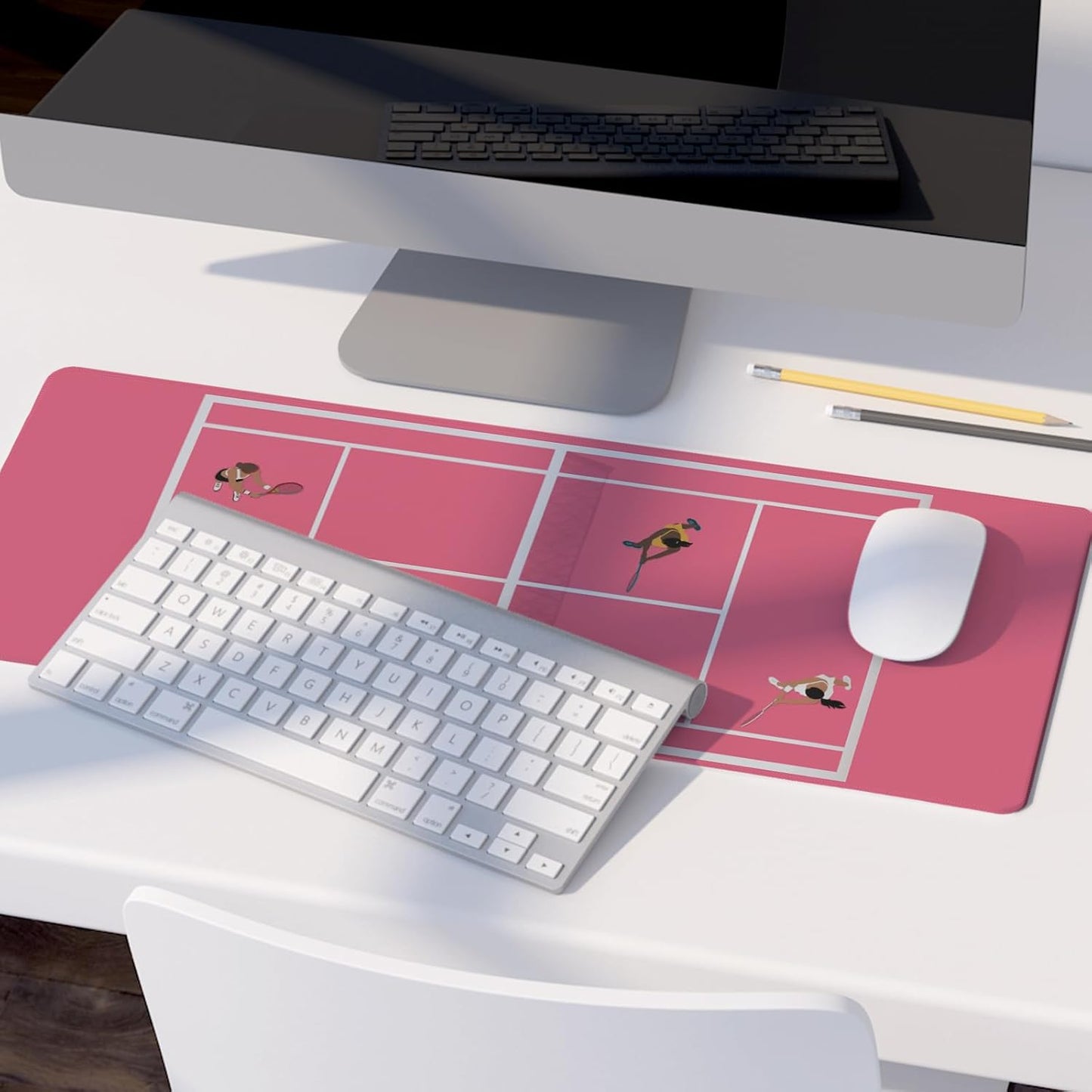 Girly Pink Preppy Desk Mat,Coquette Pink Tennis Court Mouse Pad,Tennis Sport Art Mouse Pad,Gift for Tennis Players,XL Large Laptop Desk Mat for Girls Dorm Home Office,31.5x11.8 Inch