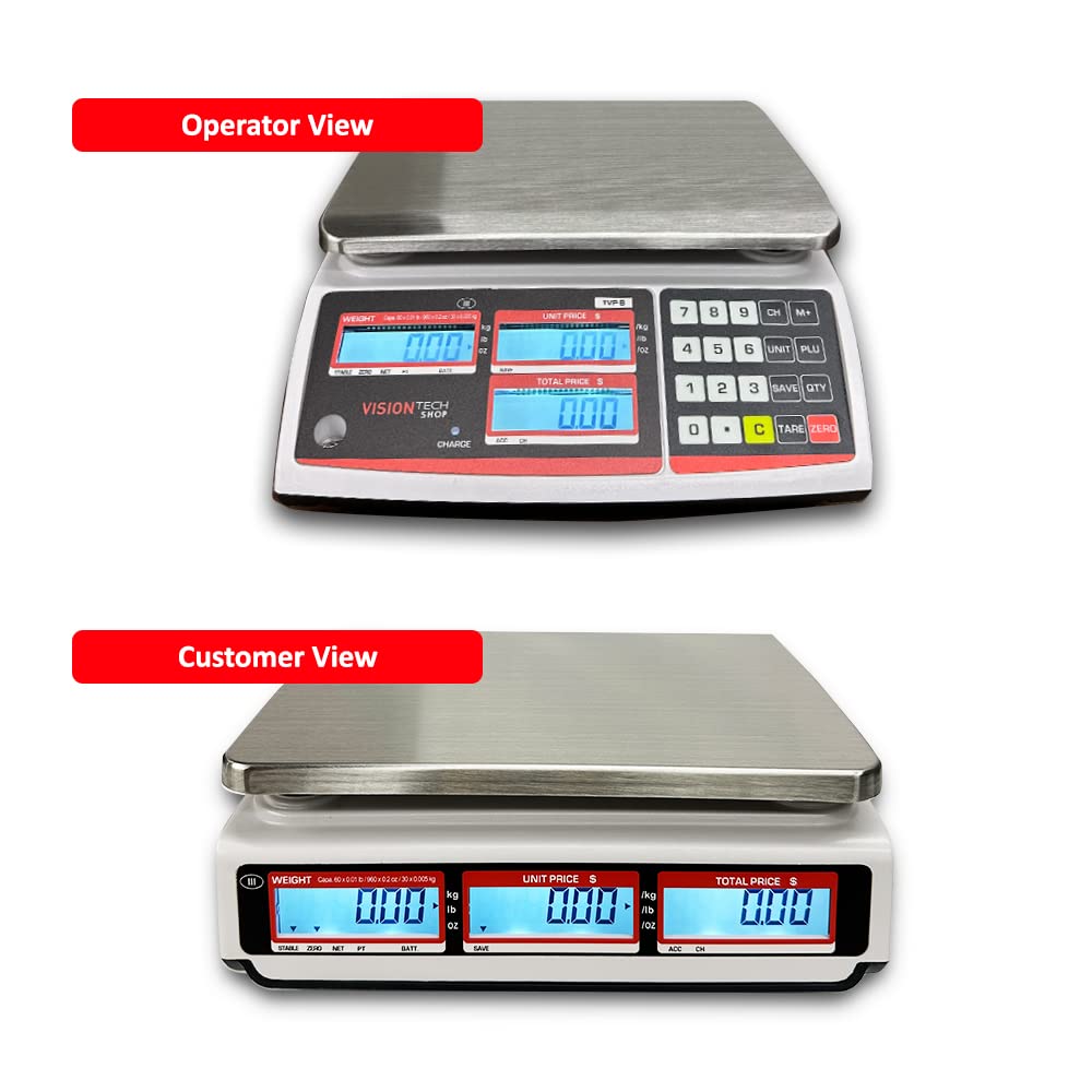 VisionTechShop TVP-60B Price Computing Scale, Lb/Oz/Kg Switchable, 60lb Capacity, 0.01lb Readability, NTEP Legal for Trade COC #19-038, NSF Certified