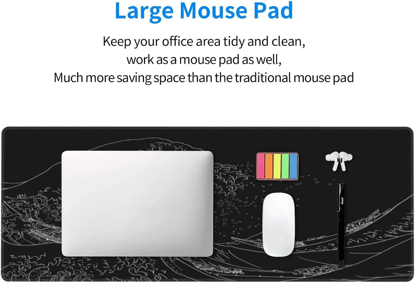 Extended Gaming Mouse Pad, Large Gaming Mouse Waterproof with Stitched Edges, Non-Slip Desktop Pad for Home and Office, Level Up Your 31.5x11.8 Inchโฆ (Black Wave)