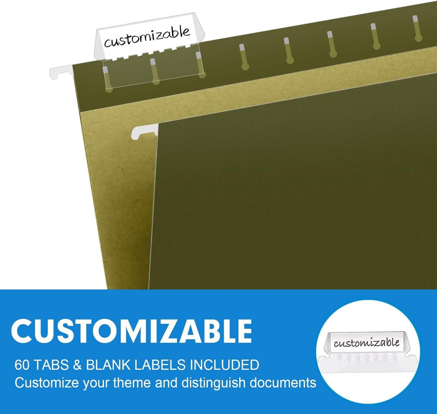 Extra Capacity Hanging File Folders, RAZCC 60 Pack Letter Size Reinforced Hanging Folders with Heavy Duty 1 Inch Expansion for Bulky Files, Filing Cabinet, Adjustable Tabs, Green