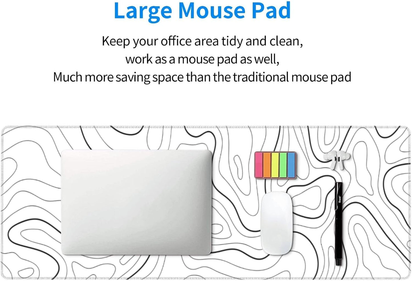 Extended Gaming Mouse Pad, Large Gaming Mouse Waterproof with Stitched Edges, Non-Slip Desktop Pad for Home and Office, Level Up Your 31.5x11.8 Inchโฆ (White Topographic)