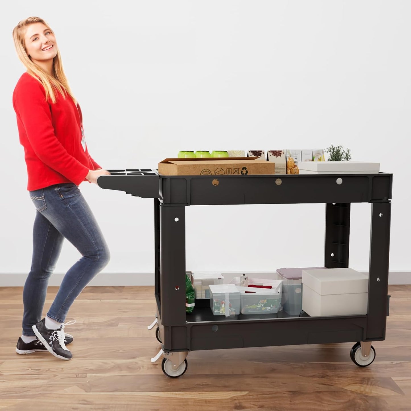 Commercial Grade 2 Shelf Utility Cart with Wheels - Rolling Tool Trolley, Heavy Duty Service Push Cart for Business Warehouse Office Restaurants Ecommerce Garage