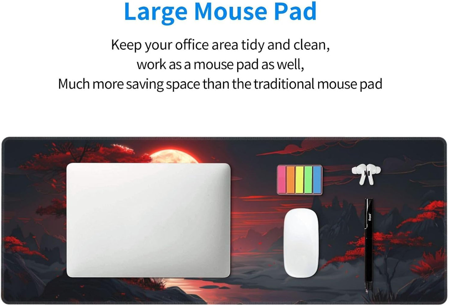 Gaming Mouse Pad Desk Pad,Extended Big Mouse Pad,31.5x11.8 Inch Long Computer Keyboard Mouse Mat Mousepad with 3mm Non-Slip Base and Stitched Edge for Gaming and Officeโฆ (Red Moon Canyon)