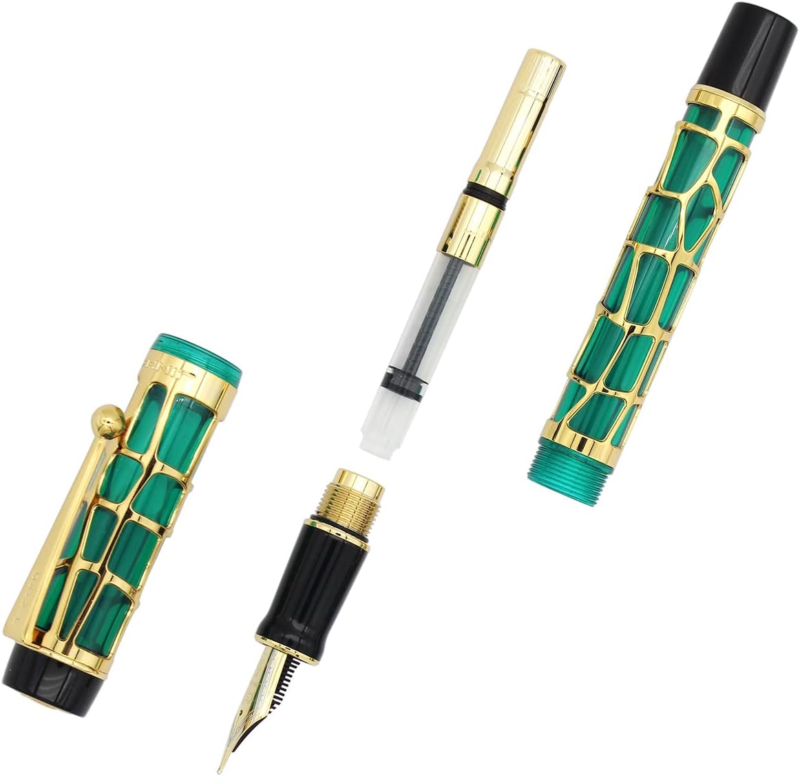 Gullor Century 100 Fountain Pen, Skeleton Hollow-out Series Golden, Screw-Cap, Fine Nib, Transparent Red