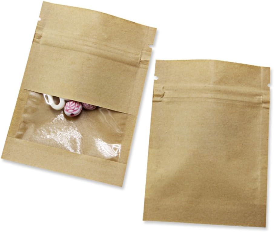 FERENLI 100 Pack 5.1x7.08 inch Small Resealable Seed Coin Envelopes Bags with Clear Window Brown Kraft Paper Heat Seal Packets for Flower Vegetable Seeds Storage Party Favor Pet Food Sample Bag
