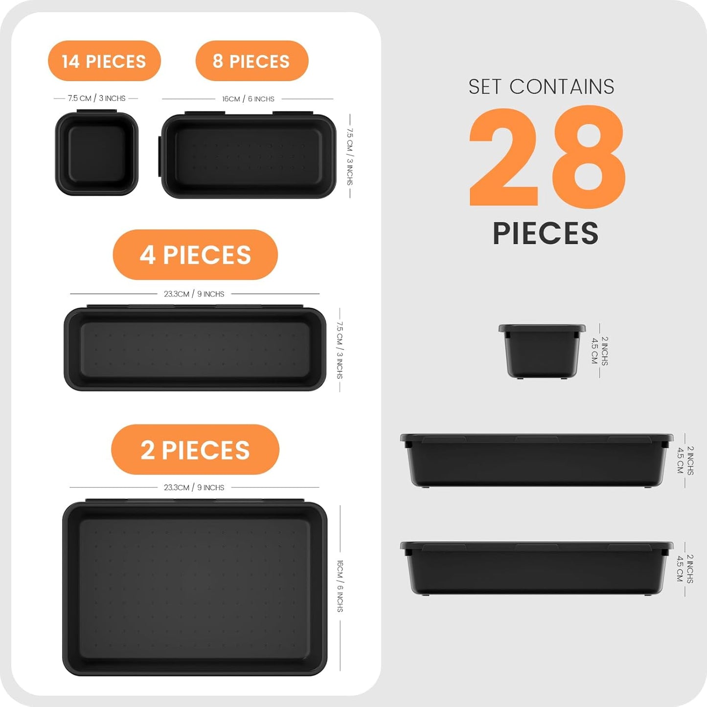 【28PCS】A-LUGEI Drawer Organizer, Bathroom Organizers and Storage, Makeup organizer, Desk drawer organizer, Storage Bins for Kitchen Office Bedroom Vanity Jewelry Pantry Garage【Black】【4Size】