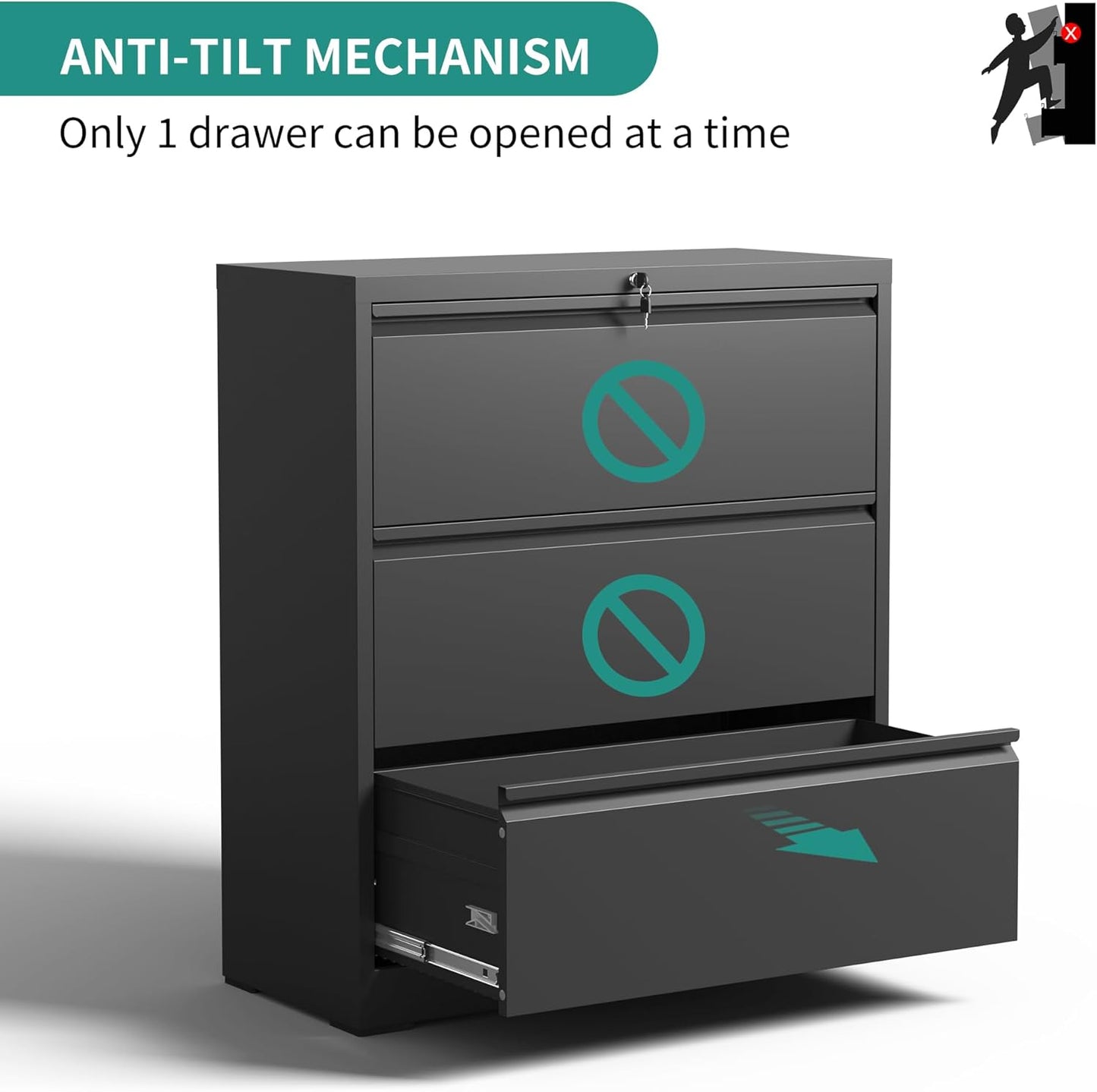 3 Drawer Lateral File Cabinet with Lock, Metal Filing Cabinets for Home Office, Steel Storage Wide File Cabinet for Letter/Legal/F4/A4 Size with Hanging Bars, Assembly Required (Black)