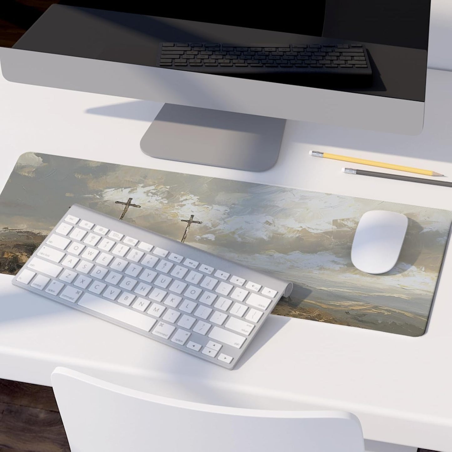 Christian Cross Easter Mouse Pad, Religious Themed Mouse Pad,He is Risen Jesus Desk Mat,Big Large Yellow Jesus Painting Decor Desk Mat,Religious Gifts Christian Gifts for Women,31.5x11.8