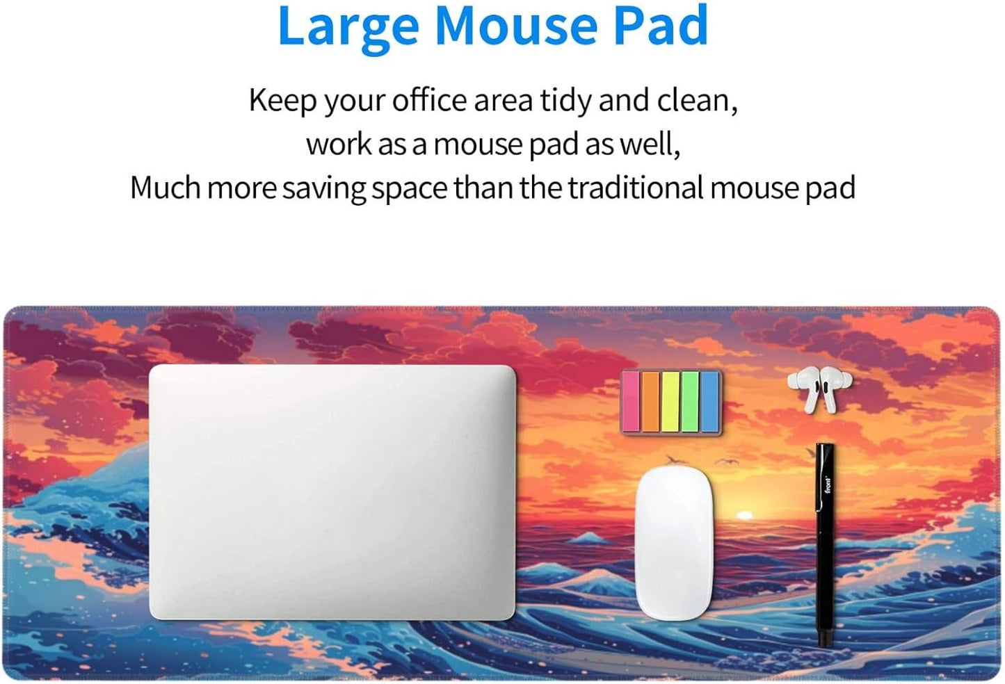 Gaming Mouse Pad Desk Pad,Extended Big Mouse Pad,31.5x11.8 Inch Long Computer Keyboard Mouse Mat Mousepad with 3mm Non-Slip Base and Stitched Edge for Gaming and Officeโฆ (Sunset Wave)
