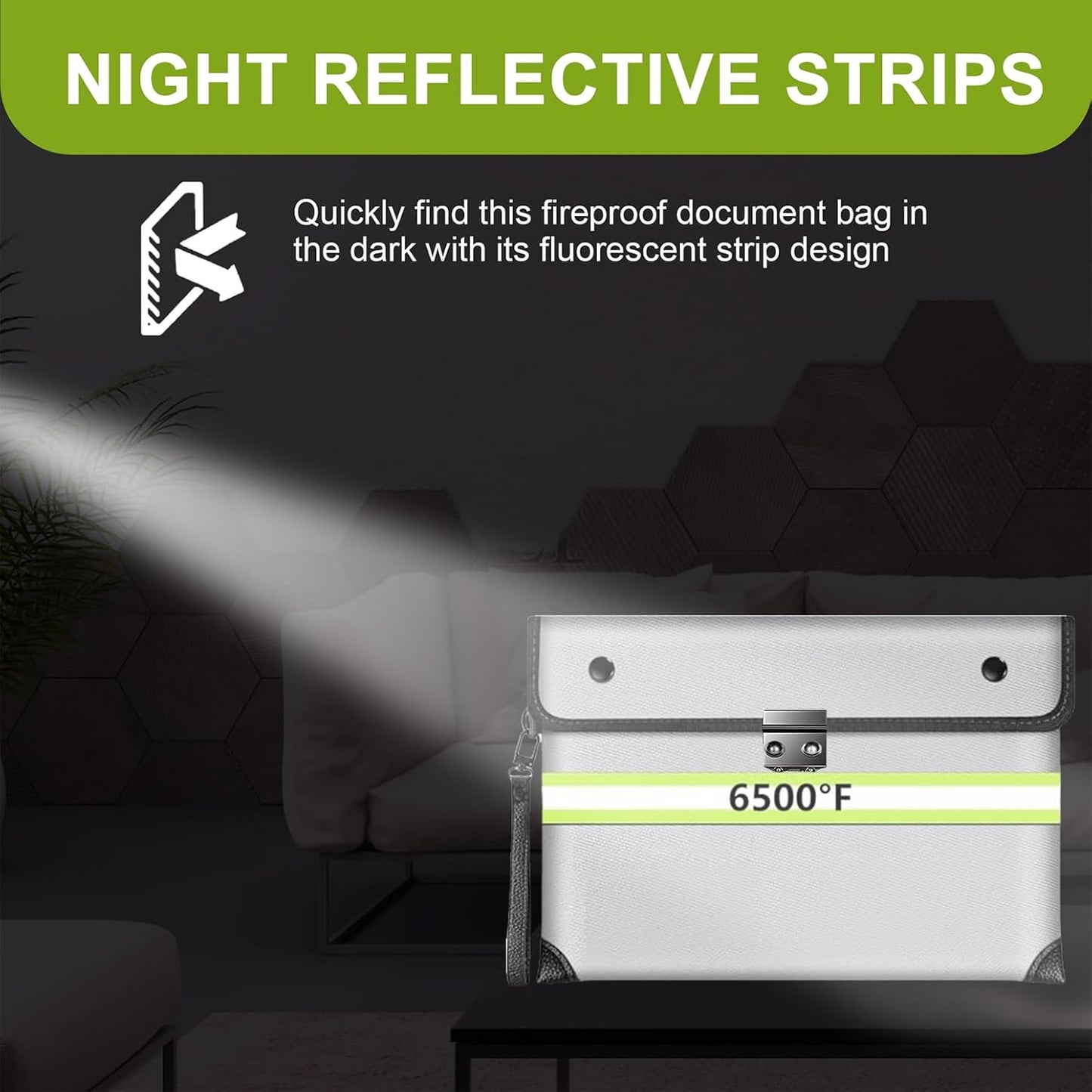 2025 Upgraded Fireproof Document Bag with Lock, 6500ยฐF Fireproof/Waterproof Money Bag with Zipper/Reflective Strip,Storage Pouch for A4 Letter Size Document,Cash,Cell Phone,Passport