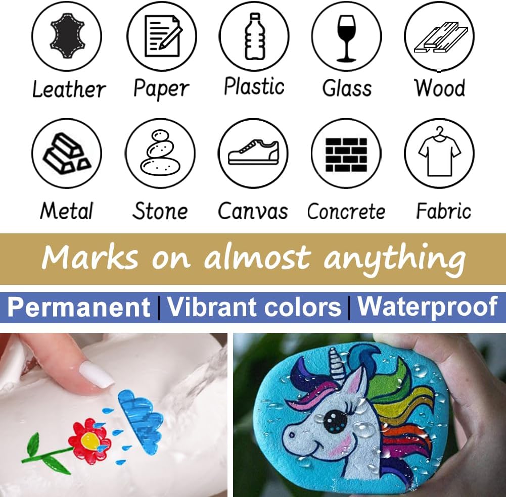 Overseas Blue Paint Pens Permanent Markers 24 Pcs, Oil Based Paint Markers Set, Quick Drying, Waterproof, Medium Tip Marker Pens for Metal, Rock, Wood, Plastic, Canvas, Glass, Stone, Rubber, Paper