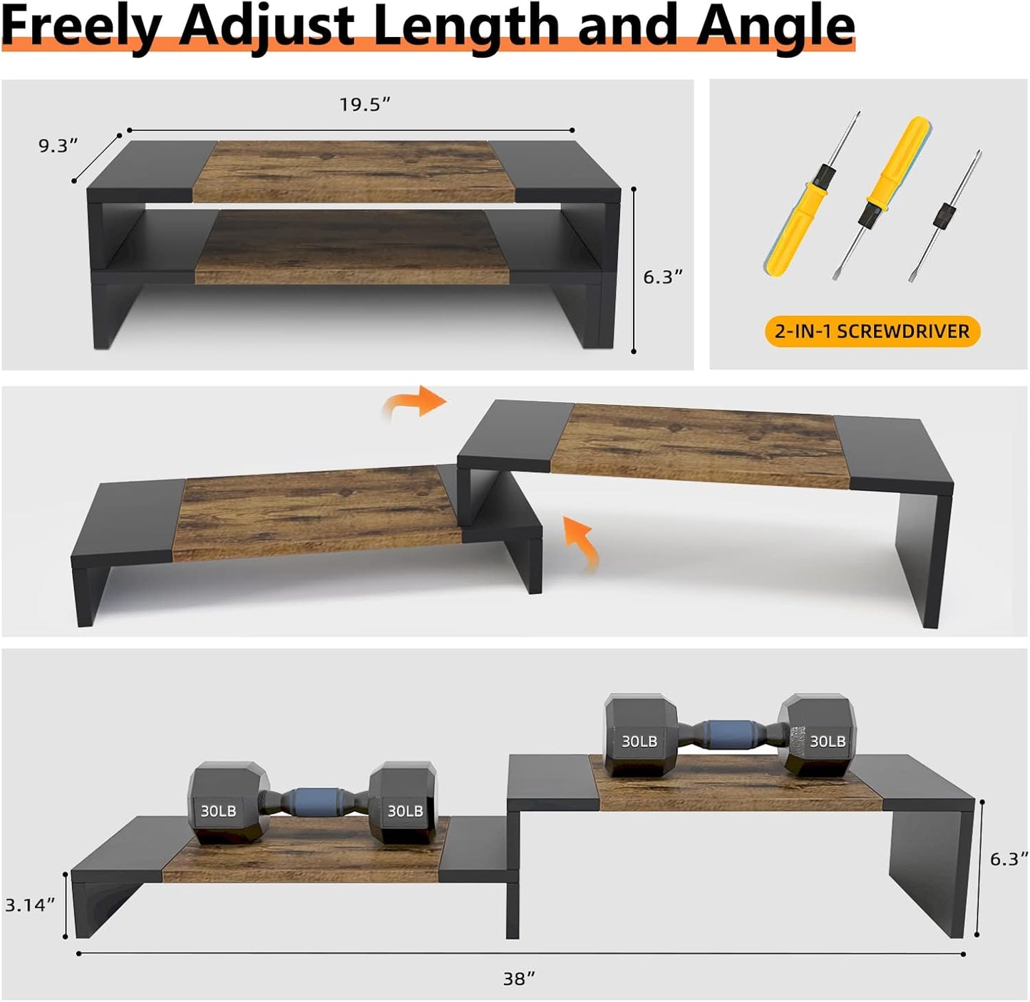 WESTREE Dual Monitor Stand - Riser 2 Shelf Computer with Adjustable Length and Angle, Stands for Monitors, Desktop Organizer PC, Computer, Laptop