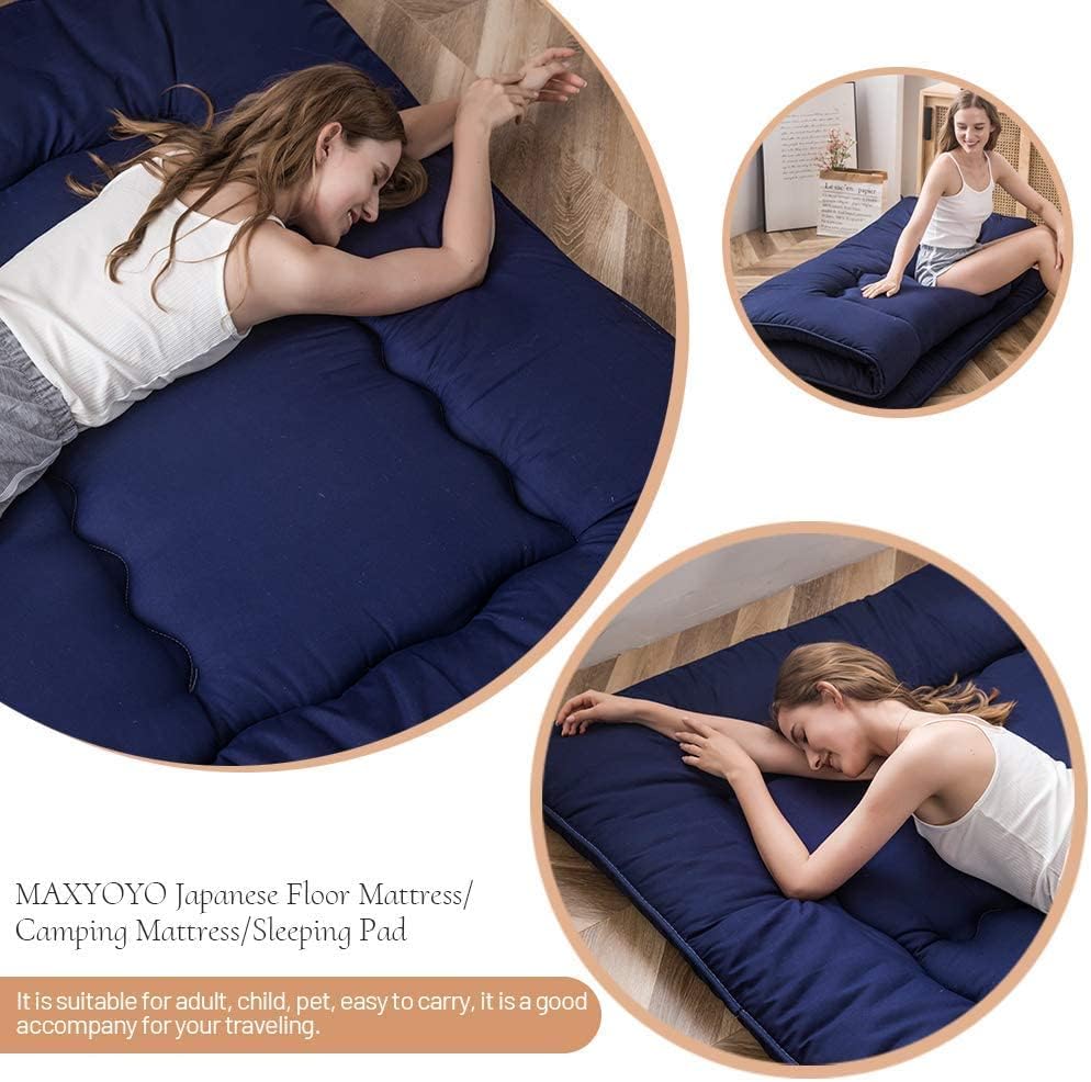 MAXYOYO Japanese Floor Mattress Futon Mattress, Thicken Tatami Mat Sleeping Pad Foldable Roll Up Mattress Boys Girls Dormitory Mattress Pad Kids Floor Lounger Pillow Bed, Navy, King