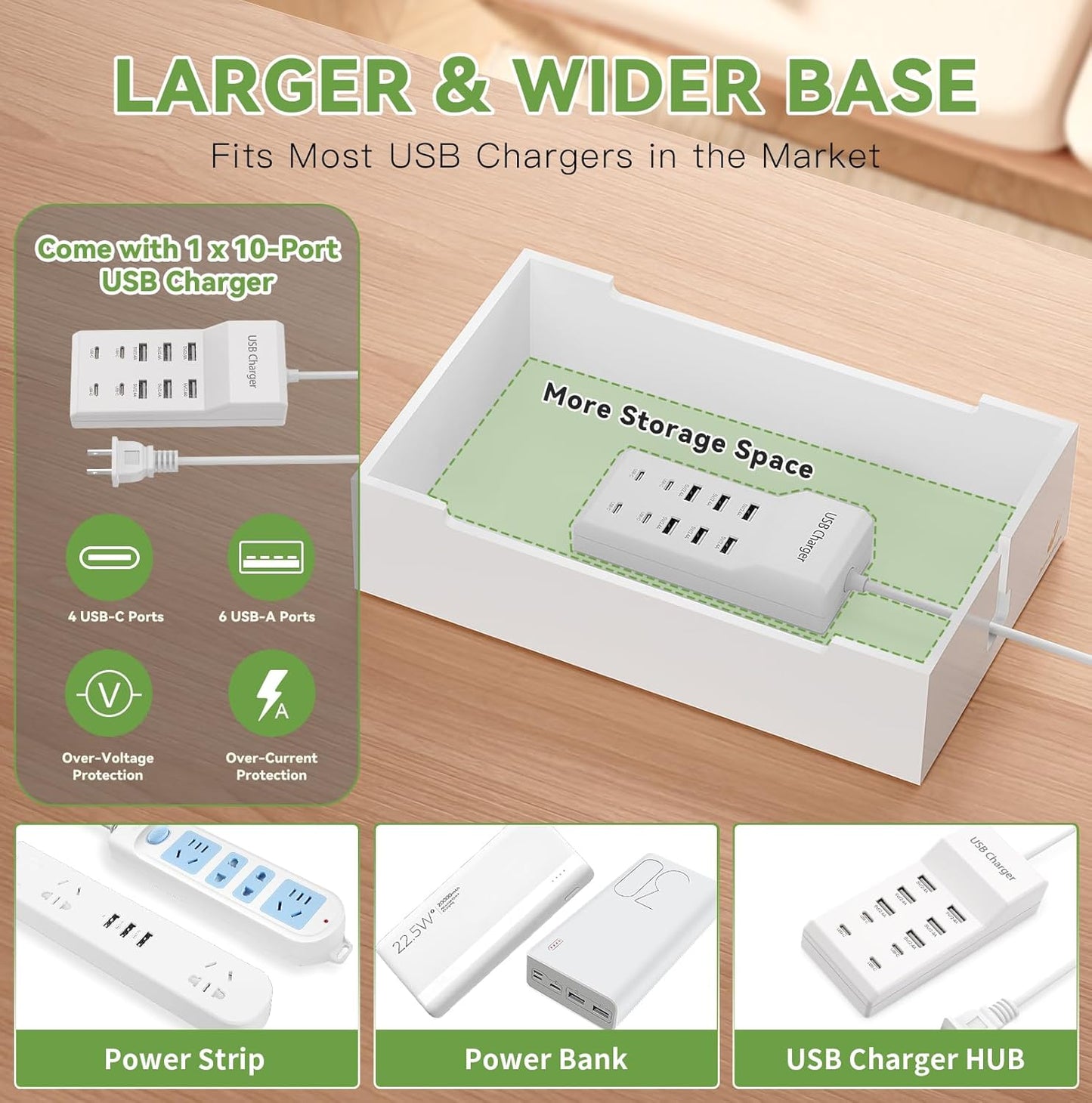 Pezin & Hulin Bamboo Charging Station for Multiple Devices, USB Charger Dock Organizer, with Power Supply (10 Ports HUB), 6 Cables, Cable Management Organizer for Cell Phones, Tablets -Natural+White