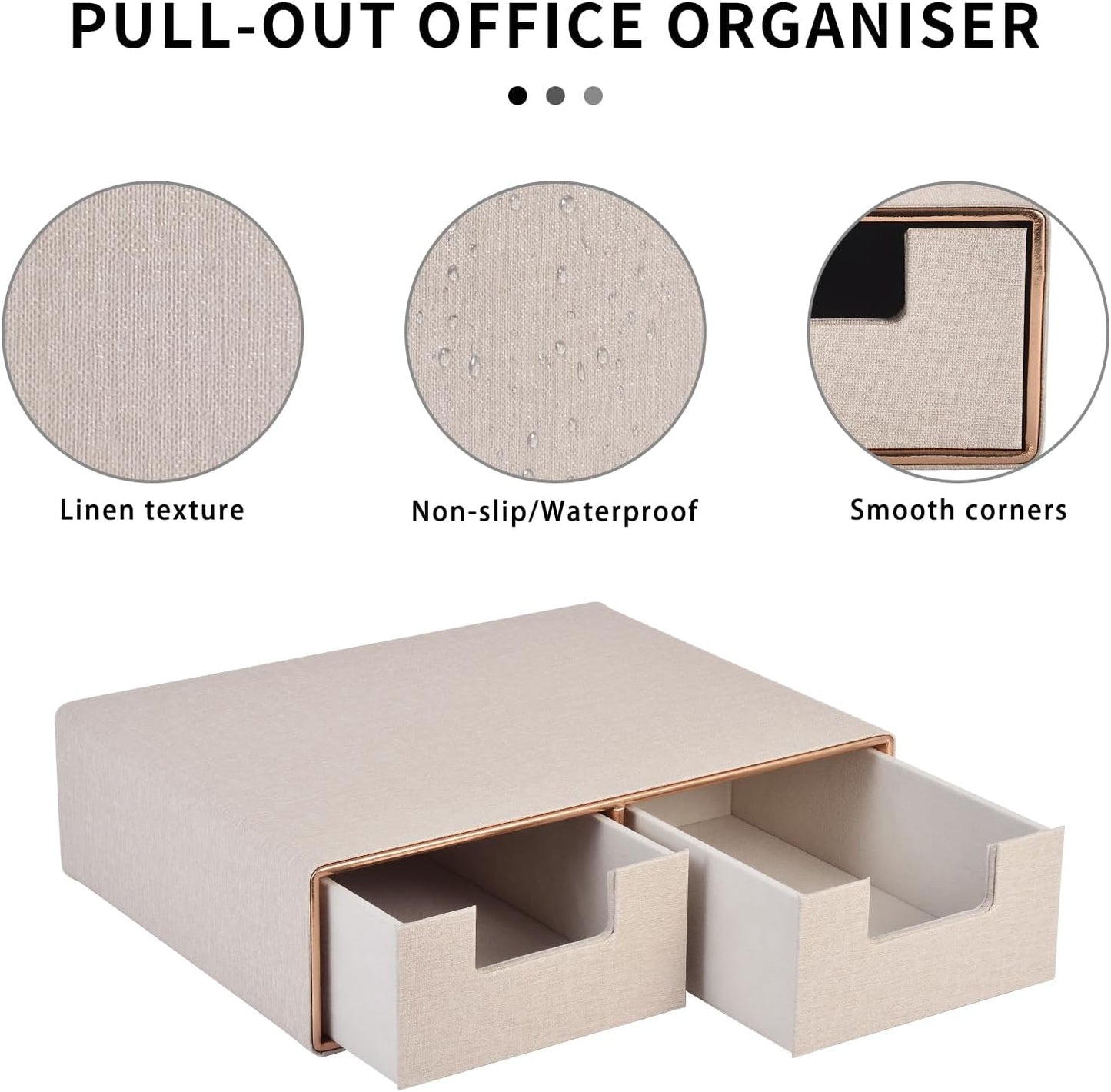 Linen Leather Desk Organizer with Drawers-Mini Desktop Drawer Organizer Stackable-Multifunctional Tabletop Organization Storage Box for Office Supplies Home Vanity Toiletries (Beige, 2-drawers)