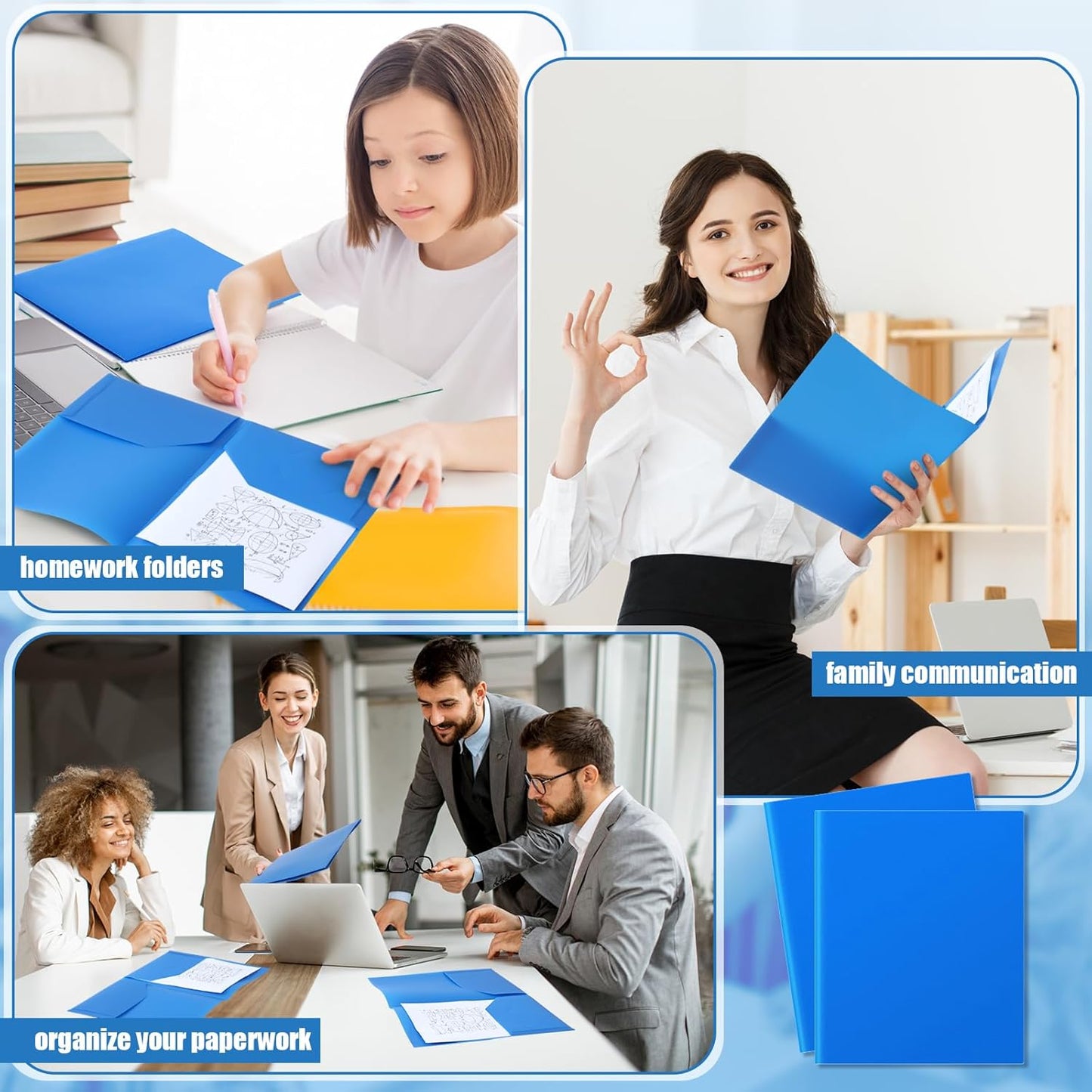 Gueevin 100 Pcs Two Pocket Folders Bulk Plastic File Folder with 2 Pockets Letter Size Paper Heavy Duty Durable Portfolios Case for Home Office School Business 11.61 x 9.45 Inch (Blue)