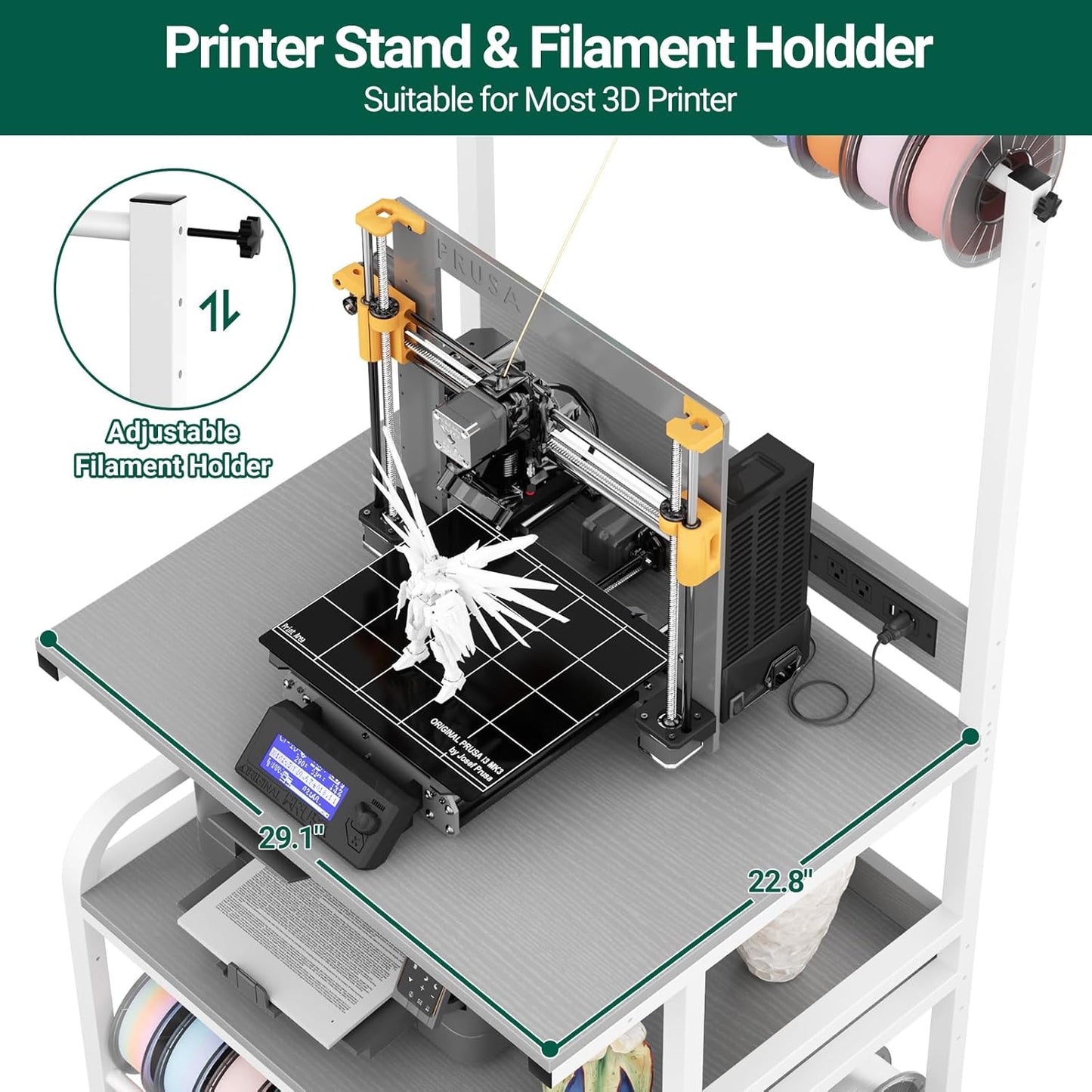 Homieasy Printer Stand with Charging Station, 29.1" x 22.8" Large 3D Printer Table with Filament Storage, Heavy Duty Rolling Printer Cart with 4-Tier Storage for Workshop/Office/Garage, Light Grey