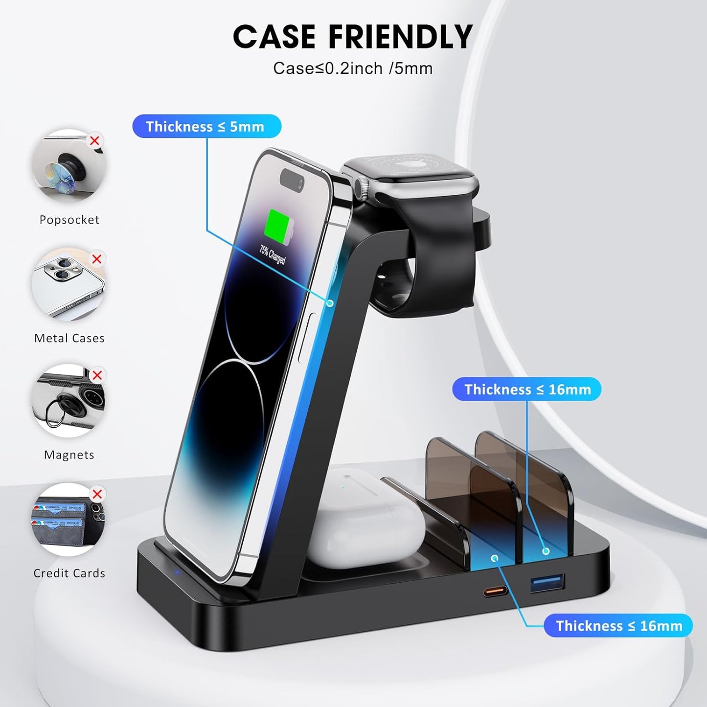 Wireless Charger for iPhone - 5 in 1 Charging Station for Multiple Devices Apple: Fast Wireless Charging Stand Dock for iPhone 17 16e 16 15 14 13 12 Pro Max Apple Watch Airpods