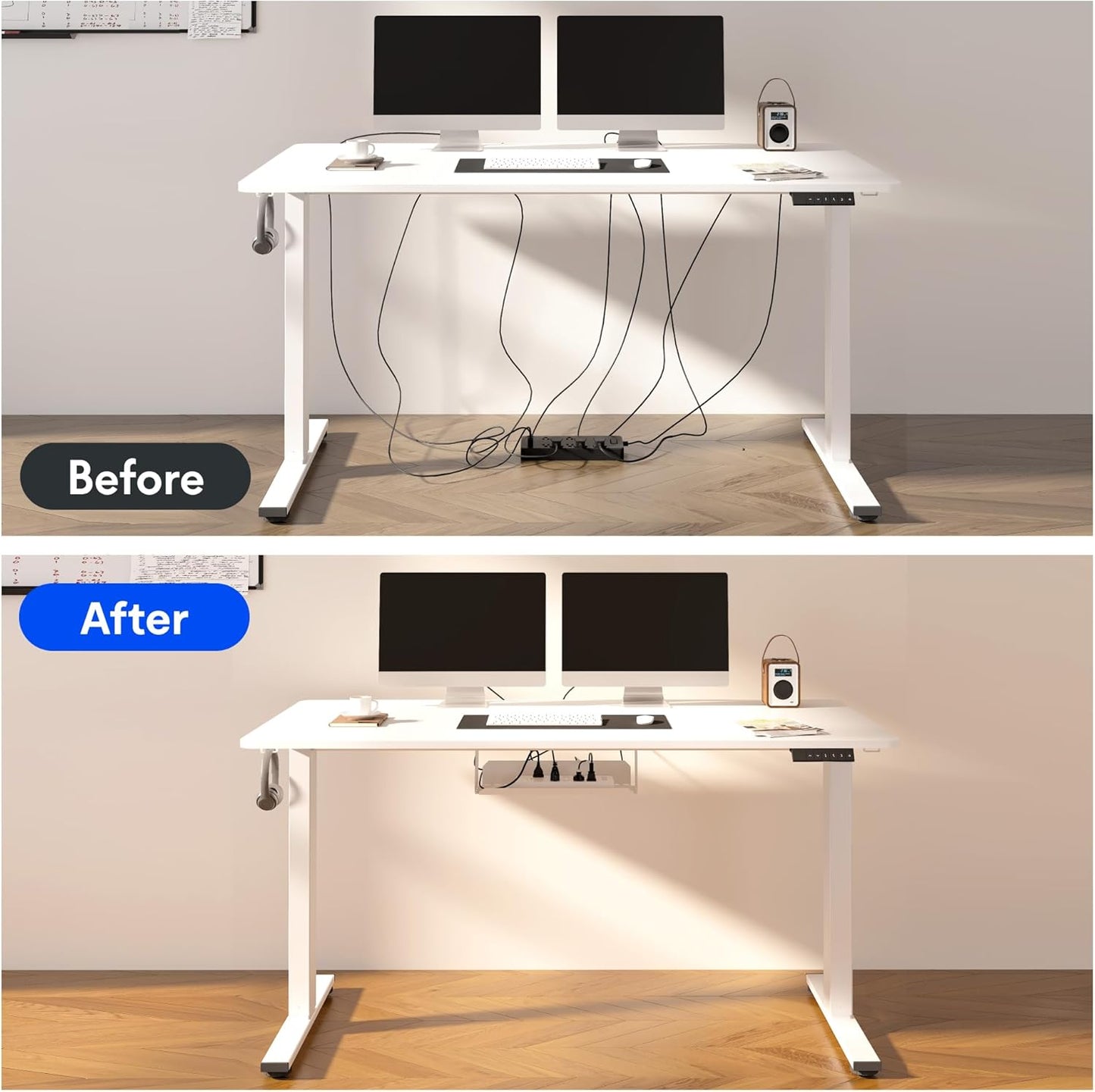 FLEXISPOT EN2 Whole-Piece Standing Desk with Clamp Power Strip, 55 x 28 Electric Stand Up Height Adjustable Desk with Cable Management (White Frame + 55" Gray Wood Grain Top,2 Packages)