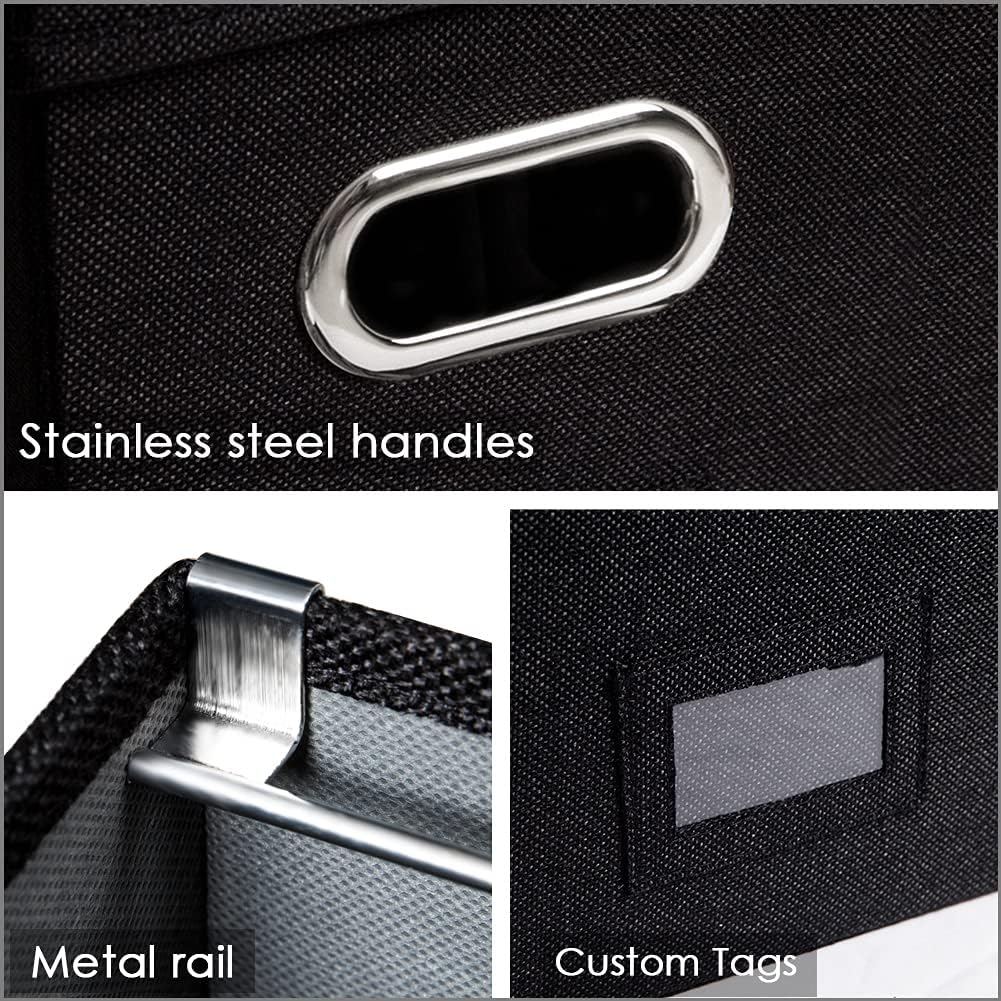 PRANDOM File Organizer Box - Set of 4 Collapsible Decorative Linen Filing Storage Hanging File Folders with Lids Office Cabinet Letter Size Black (14x9.3x10.8 inch)