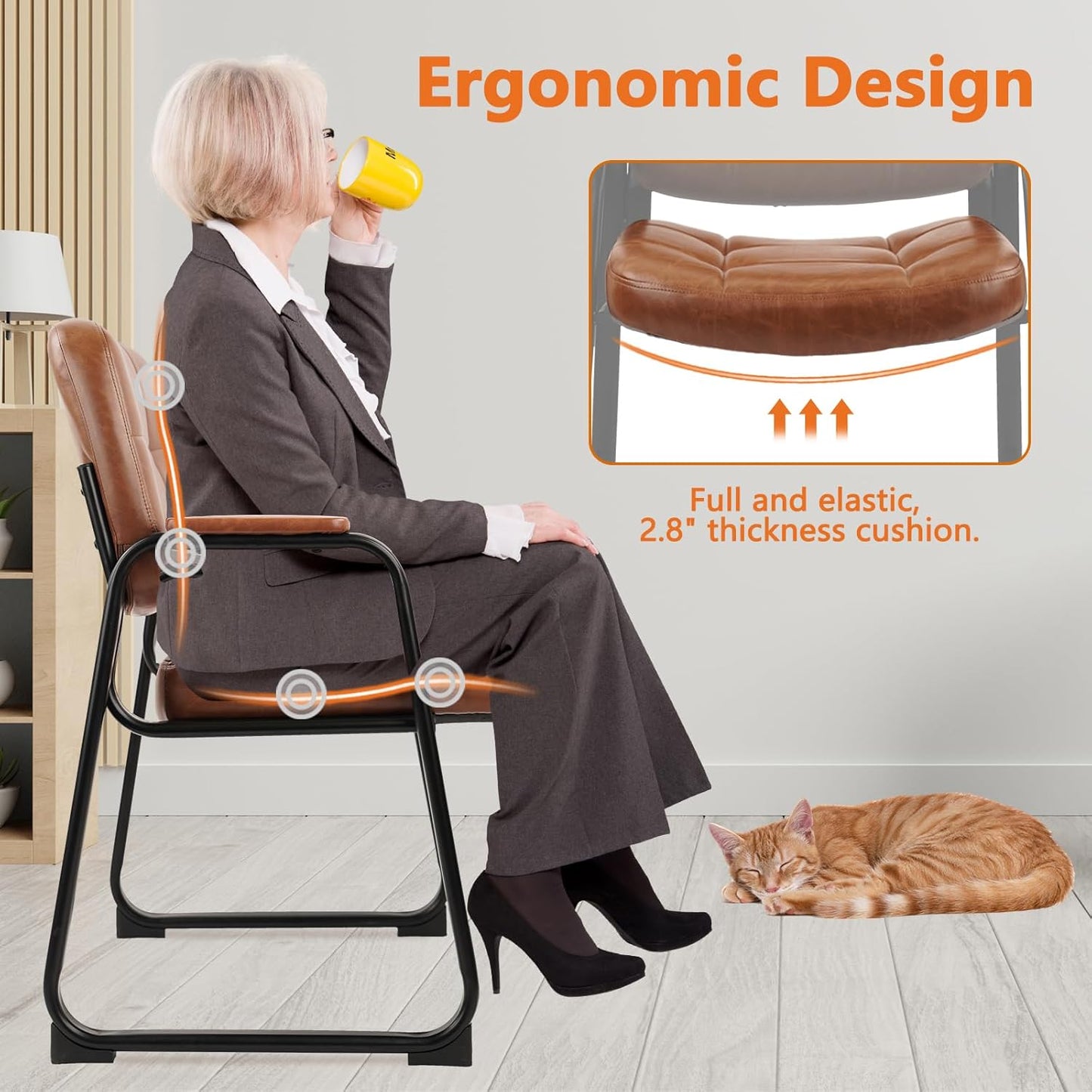 CLATINA Big & Tall 500 lbs Waiting Room Chairs with Padded Armrests and Sled Base, Leather Stationary No Wheels Office Guest Chair for Reception Lobby Home and Meeting Conference, Brown (2 Pack)
