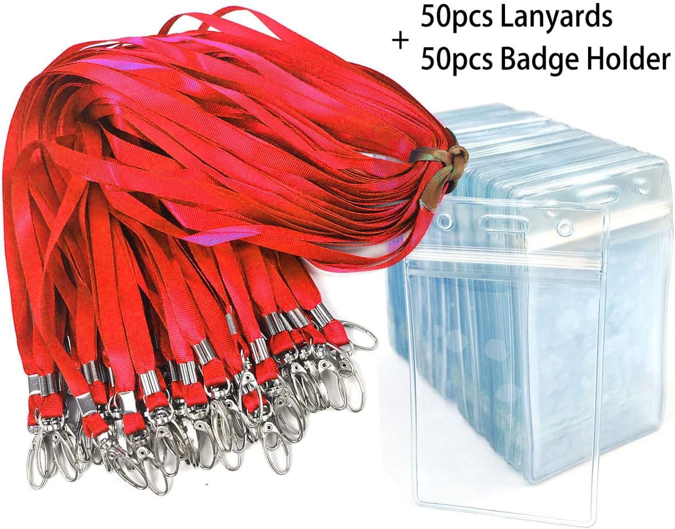 Lanyard with ID Holder 50 Pcs Waterproof Name Tag Badge ID Card Holders ID Pass Holder and 50 Pcs Flat Neck Lanyards Swivel Hook (Red, Vertical)