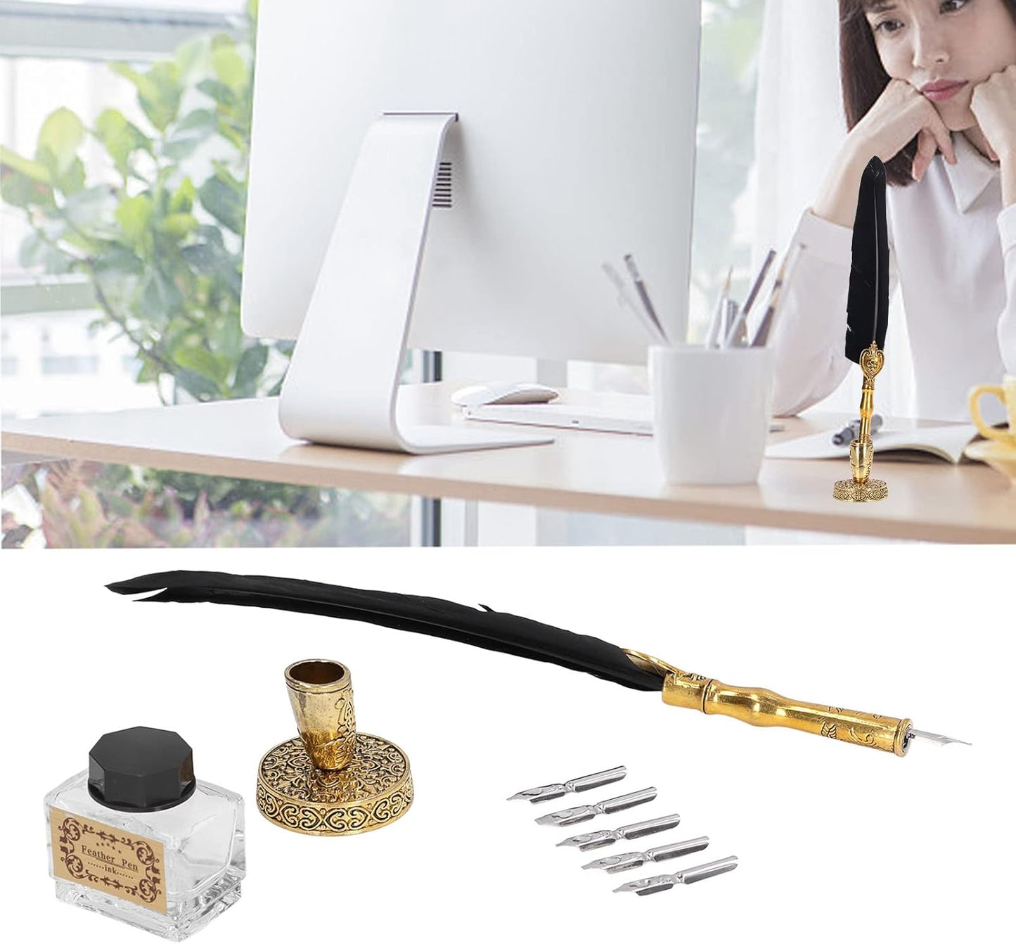 Feathe Quill Fountain Pen Ink Set, Fountain Pen Kit, Exquisite Vintage Elegant Calligraphy Inks Set with 5 Nibs 1 Base 1 Empty Bottle for Signing Writing Supplies(Without Ink) (Black)