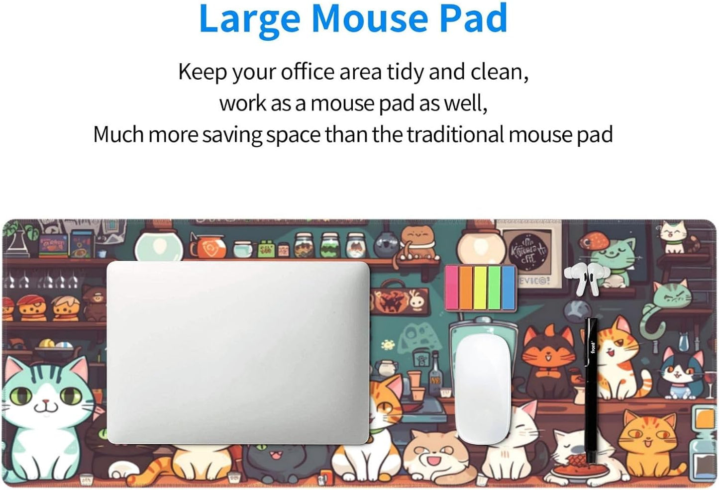 Gaming Mouse Pad Desk Pad,Extended Big Mouse Pad,31.5x11.8 Inch Long Computer Keyboard Mouse Mat Mousepad with 3mm Non-Slip Base and Stitched Edge for Gaming and Officeโฆ (cat)