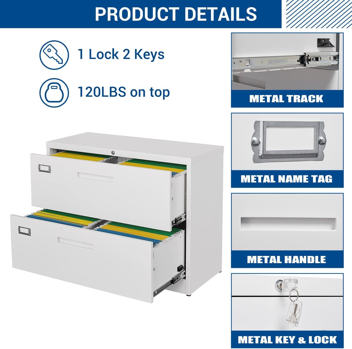 Lateral File Cabinet with Lock, 2 Drawer Large Metal Filing Cabinet,Home Office Lockable Storage Cabinet for Hanging Files Letter/Legal/F4/A4 Size-Assembly Required