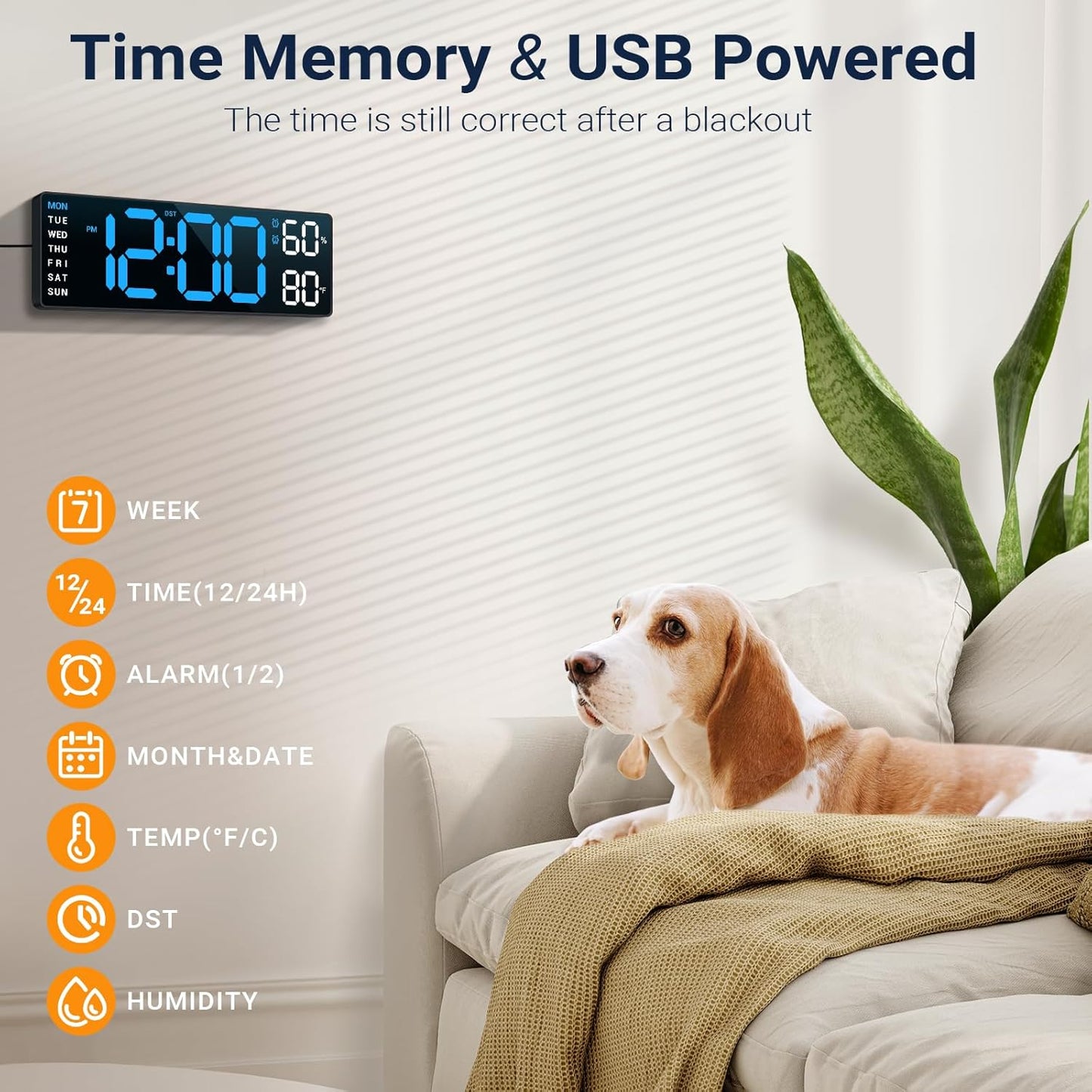 10" Digital Wall Clock: Dual Alarm Wall Mount Decor Clock for Living Room Classroom Office Desk, House Warming Gifts New Home Decor, Gift for Mom Dad Seniors Teen Blue