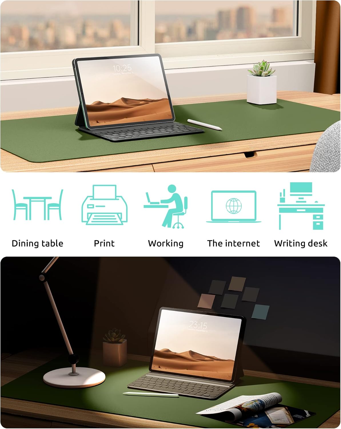 YSAGi Leather Desk Protector, Office Mat, Large Mouse Pad, Non-Slip PU Leather Blotter, Laptop Desk, Waterproof Writing Pad for Office and Home (Green, 31.5" x 15.8")