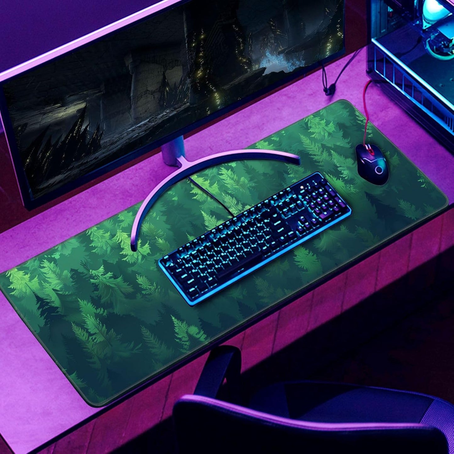 Forest Gaming Green Large Gaming Mouse Pad Keyboard Desk Pad Extended Mouse Pad Gaming Office Decor, Pc Laptop Mouse Pads Large (31.5x11.8 in) with Stitched Eges Non-Slip Base Mousepad XL