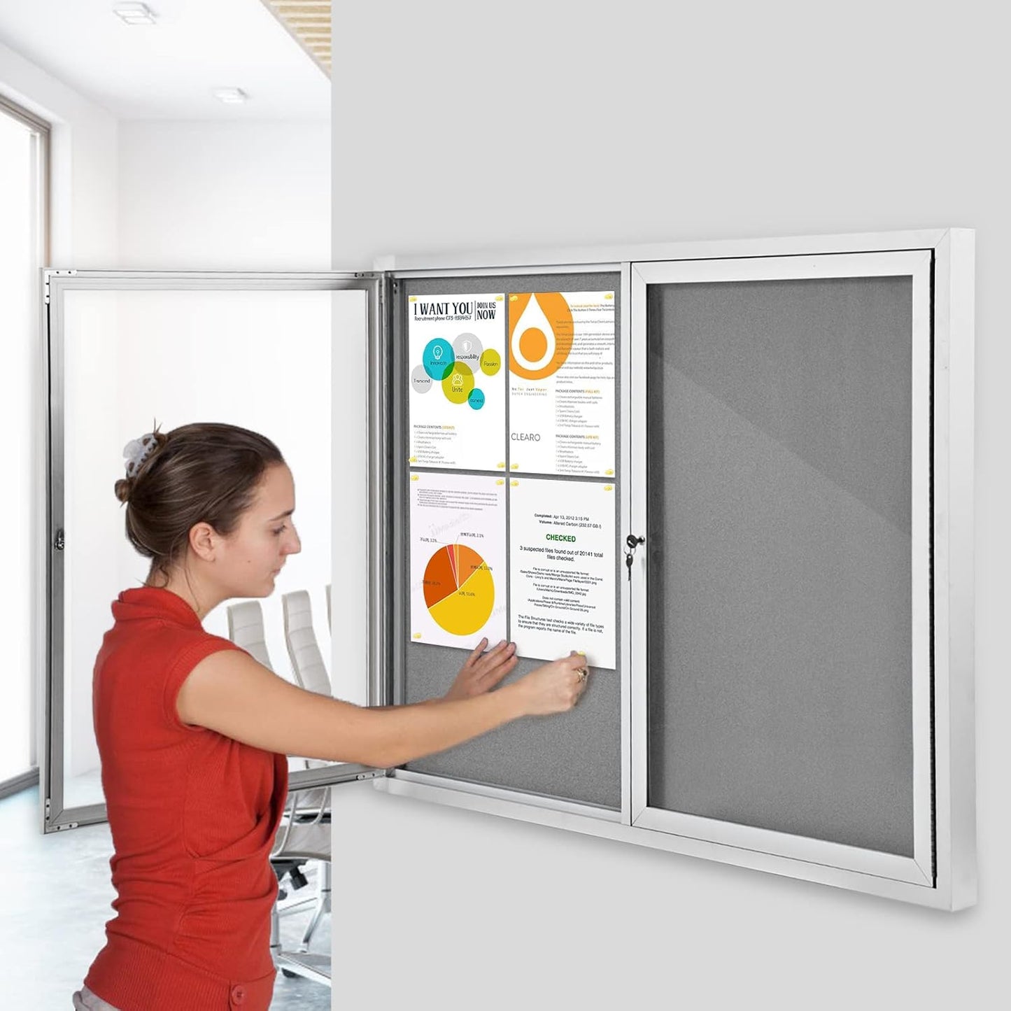 SWANCROWN Weather Resistant Enclosed Bulletin Board Gray Fabric Displays Boards Wall Mounted Notice Board with Aluminum Frame,48x34 inches