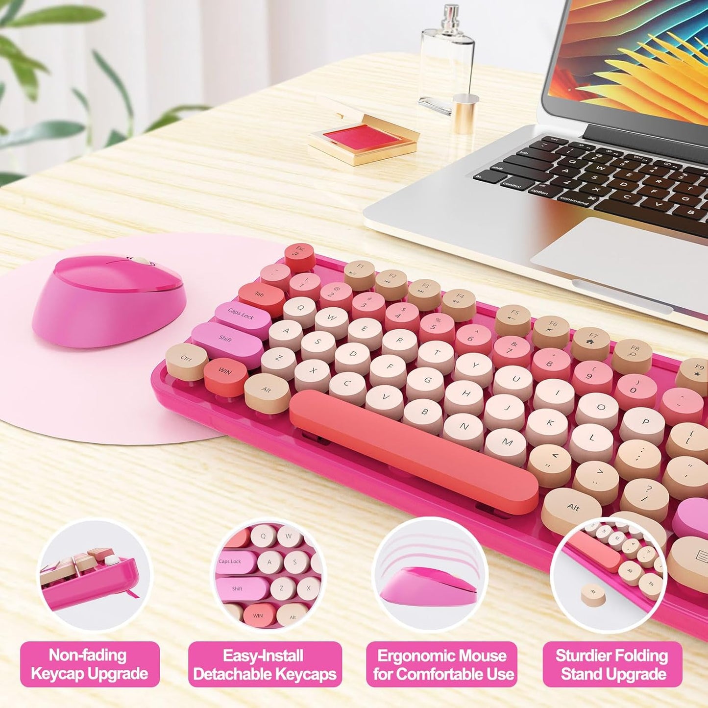 Wireless Keyboard and Mouse Combo, Ergonomic Full Size Typewriter Retro Round Keycaps Keyboard, Compatible with Windows, PC, Perfer for Home and Office Keyboards ๏ผRed๏ผ