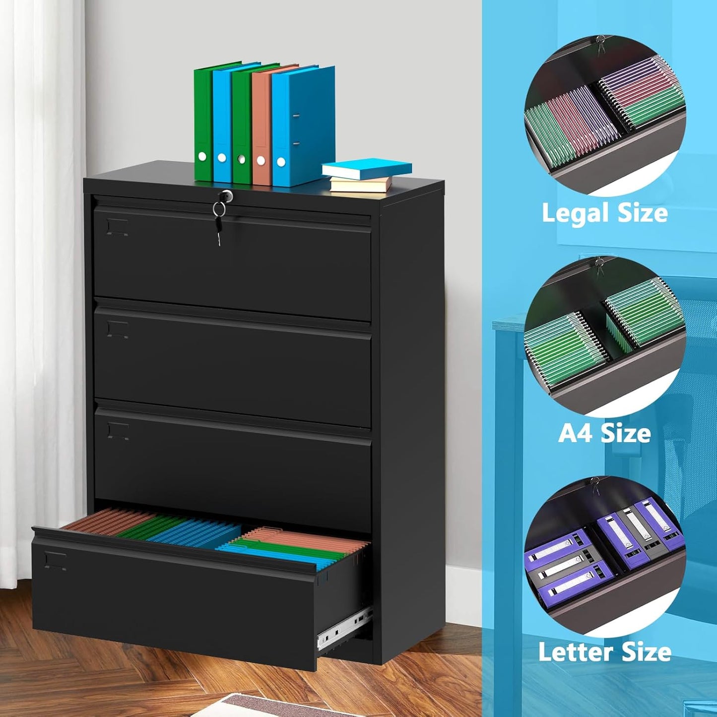 52inch High 4 Drawer Metal Lateral Filing Cabinet - File Cabinets, Lockable Storage, Organizes Hanging Files (Letter/Legal/F4/A4 Size), Requires Assembly
