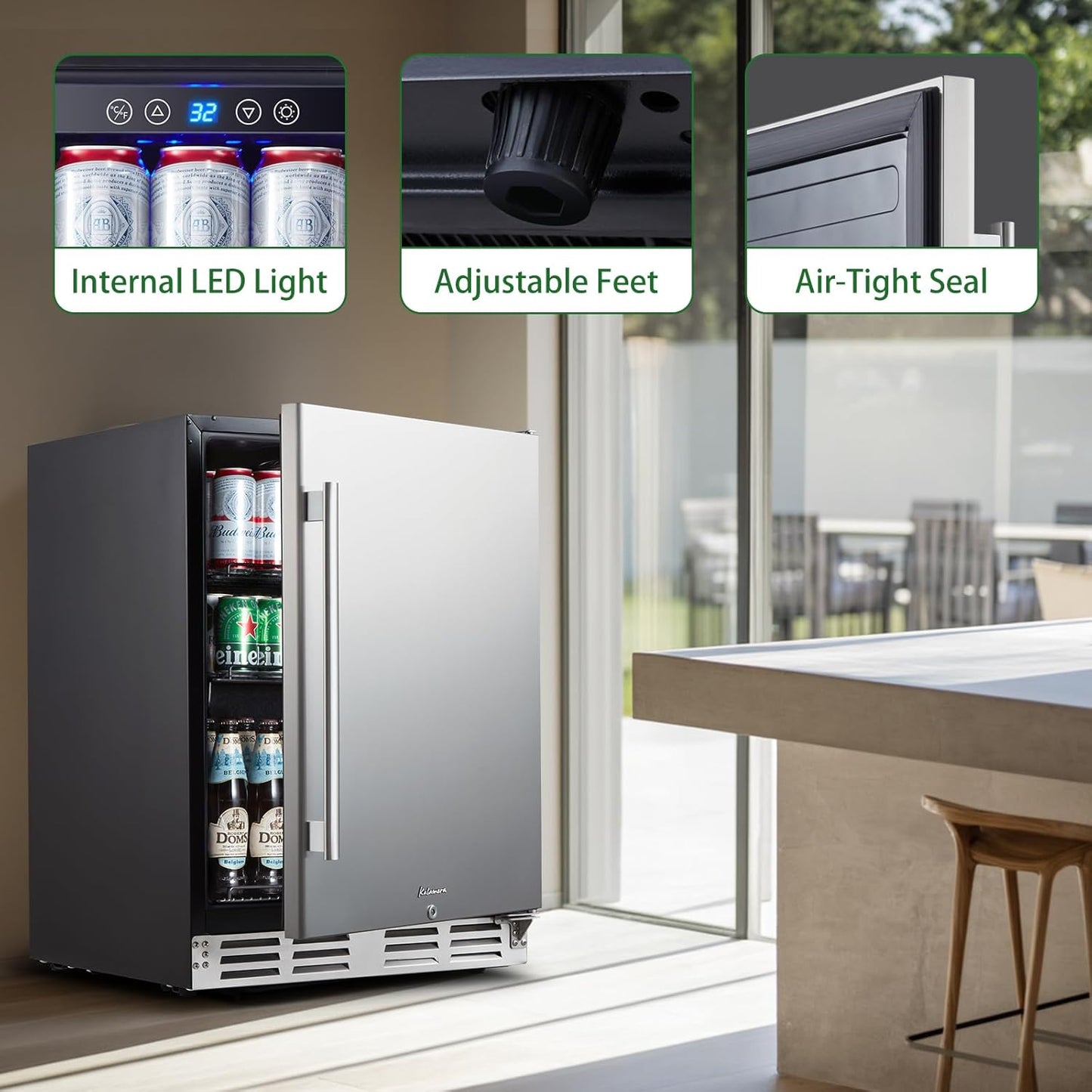 Kalamera Beverage Refrigerator, 24 inch Under Counter Drink Cooler for 154 Cans 32-41℉ Temperature Range, Built-in or Freestanding Ooutdoor Fridge with Stainless Steel Door