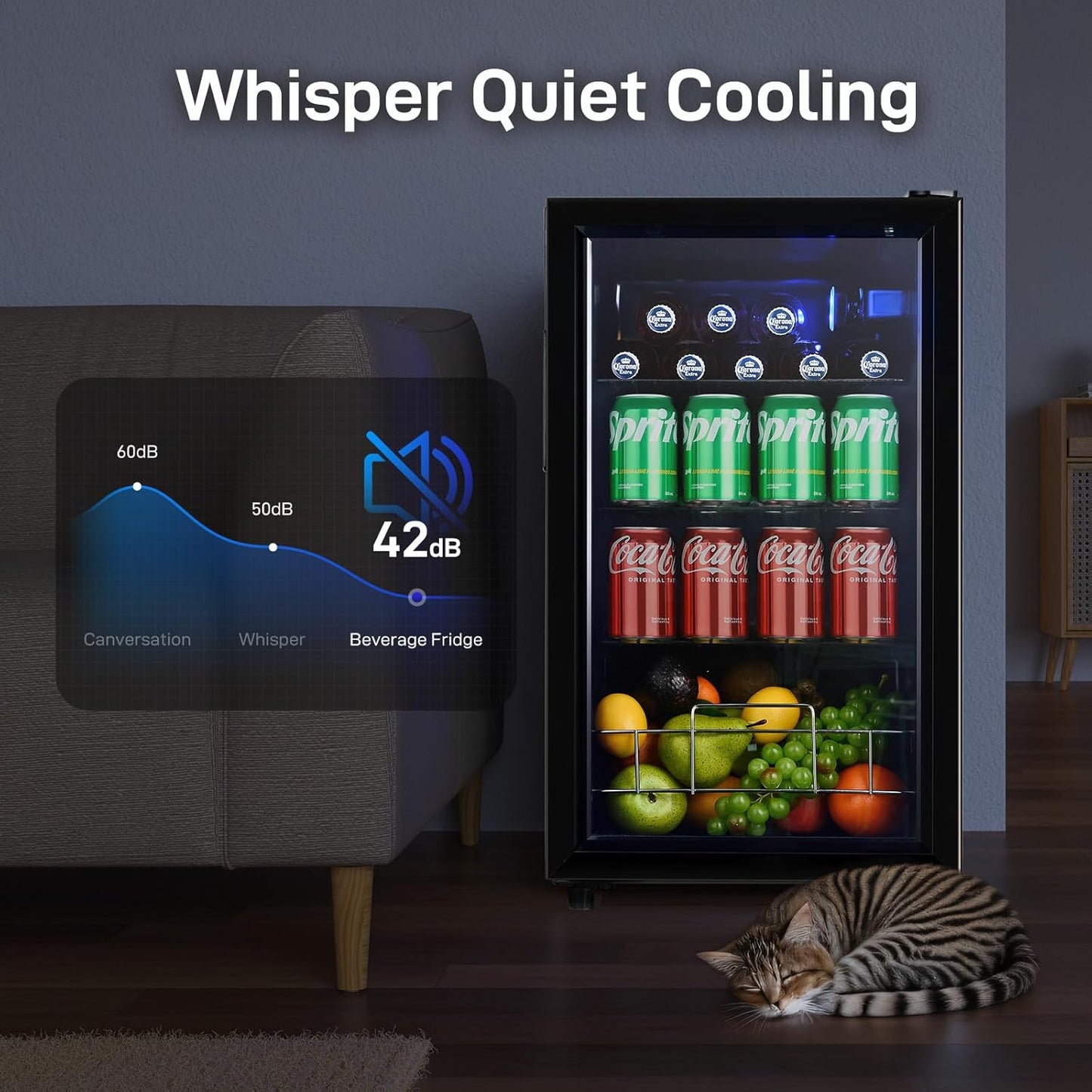 2.6 Cu.Ft Beverage Refrigerator and Cooler, Fridge with Tempered Glass Door, 126 Cans Wine Drink Beer Fridge for Office Bedroom Bar, 7 Level Temperatures, Adjustable Shelves