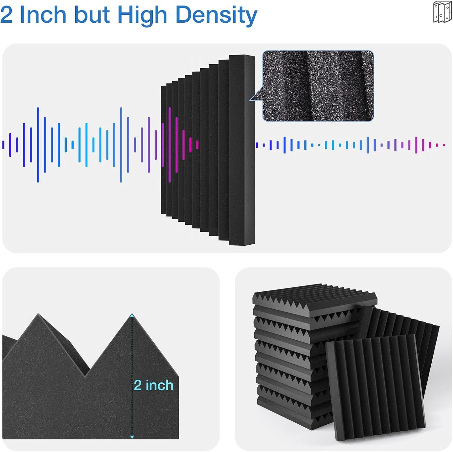 12 Pack Self-Adhesive Acoustic Panels - 2”X 12”X 12”Wall Panels - Quick-Recovery and High Density Sound Panels - Sound Proof Acoustic Foam for Home Studio - Black