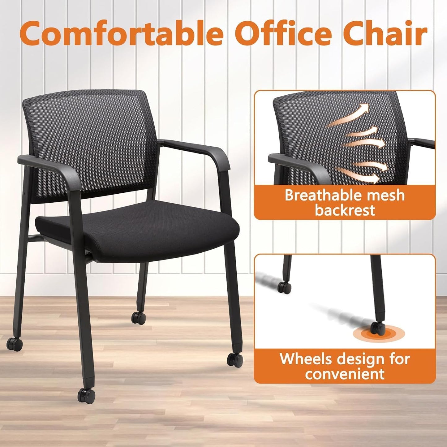 CLATINA Mesh Back Guest Reception Arm Chairs with Wheels, Waiting Room Chairs with Upholstered Fabric Seat and Ergonomic Lumbar Support for Office, 8PK