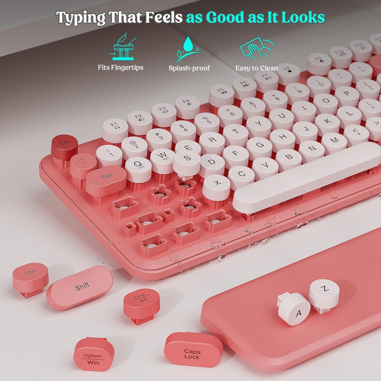 Wireless Keyboard and Mouse - Cute Round Keycaps, Detachable Wrist Rest, Full-Size Retro Typewriter Keyboard with Tilt Legs, 2.4G Wireless Combo for Women, PC, Laptop, Windows - Trueque (Blush Pink)
