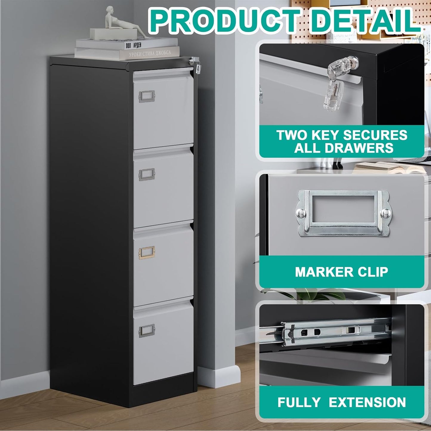 SISESOL 4 Drawer Vertical File Cabinet with Lock,Steel Filing Cabinet, Metal Filing Cabinets for Home Office Organizer Storage Cabinets Letter Size/A4/Legal,-Assembly Required