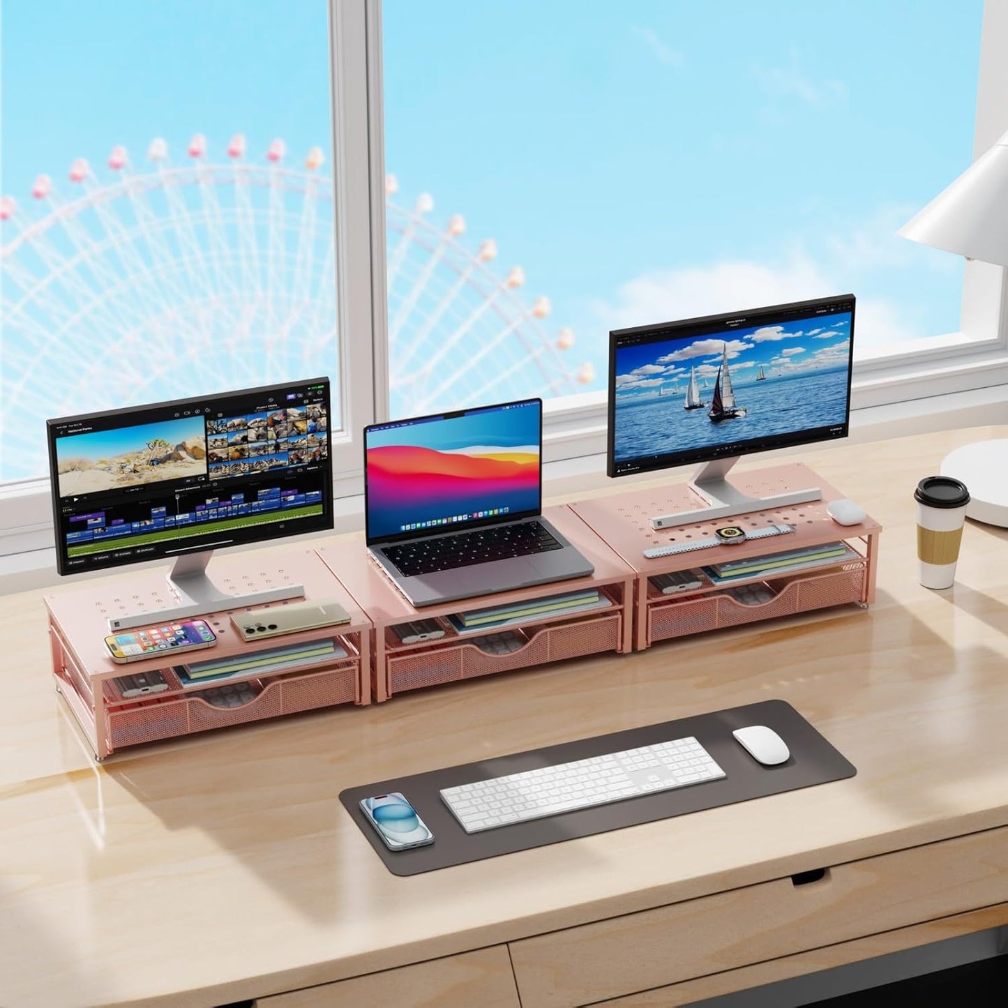 gianotter Computer Monitor Stand Riser, office organizer with Drawer, Office Organizers Storage for Classroom Office Supplies (Rose)