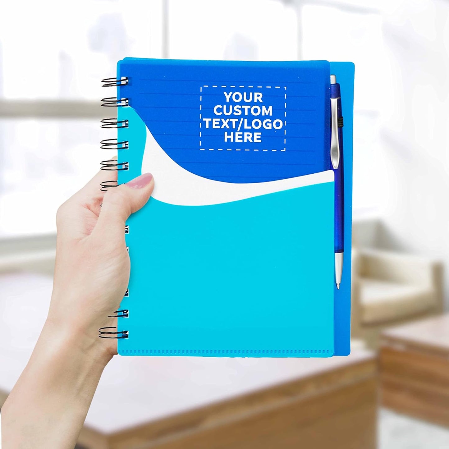 DISCOUNT PROMOS Custom Spiral Notebooks with Front Pocket Set of 50, Personalized Bulk Pack - Durable Plastic Cover, Includes Matching Pen in Blank Ink, Perfect for School, Office, Home - Blue