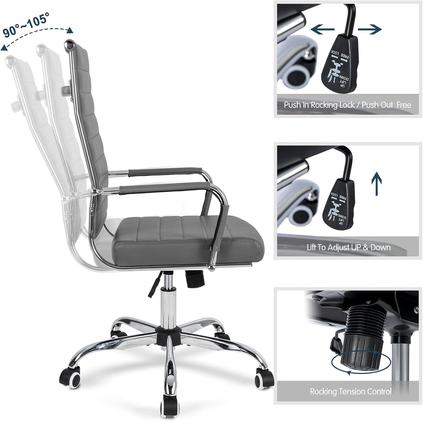 Home Office Chair Ribbed, Modern Leather Conference Room Chairs, Ergonomic Office Desk Chair, High Back Executive Computer Chair, Adjustable Swivel Chair with Arms (Grey)