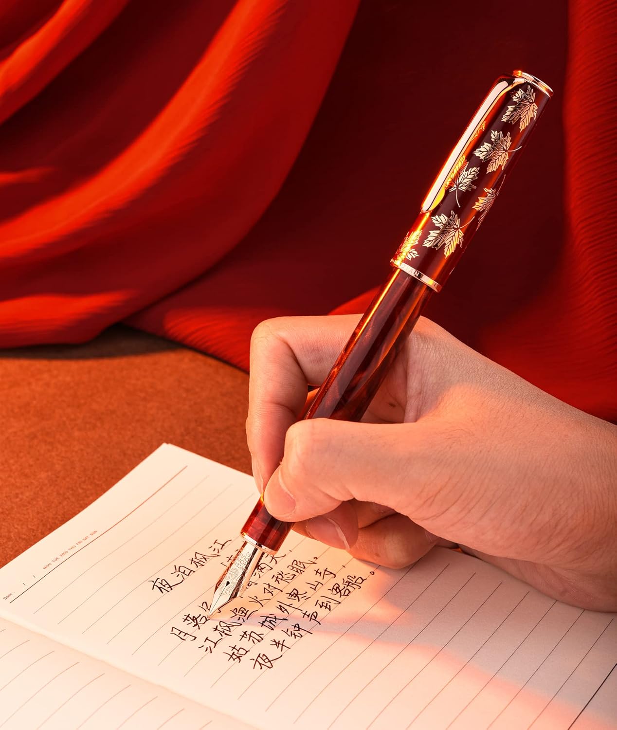 Hongdian N8 Red Acrylic Resin Fountain Pen, Iridium Extra Fine Nib Rose Gold Trim Maple Leaf Carving Cap, Smooth Writing Pen with Converter and Metal Pen Box Set