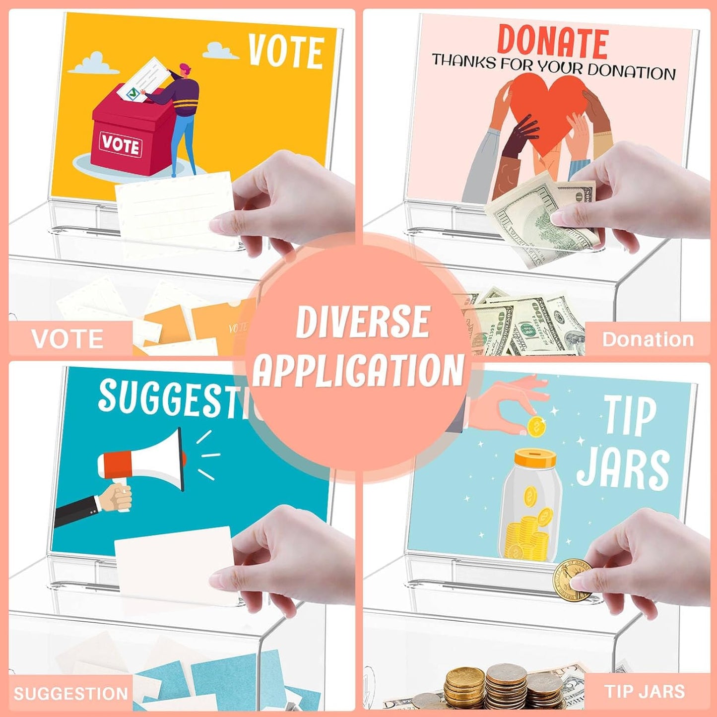 Clear Donation Box with Lock & Sign Holder, Versatile for Fundraising, Ballot Voting, Suggestions, and Tips Jar, Secure Storage Design, Size 6.2x4.6x4.0 Inch, Black 3 Pack