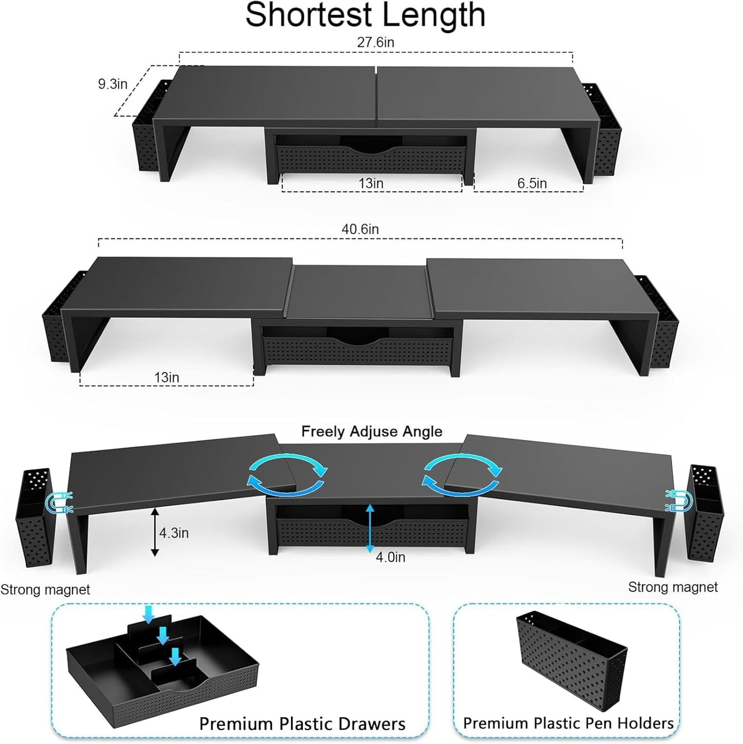 gianotter Dual Monitor Stand Riser, Desk Organizer With Drawer and 2 Pen Holders, Computer Monitor Stand, Desk Shelf for Top of Desk, Balck