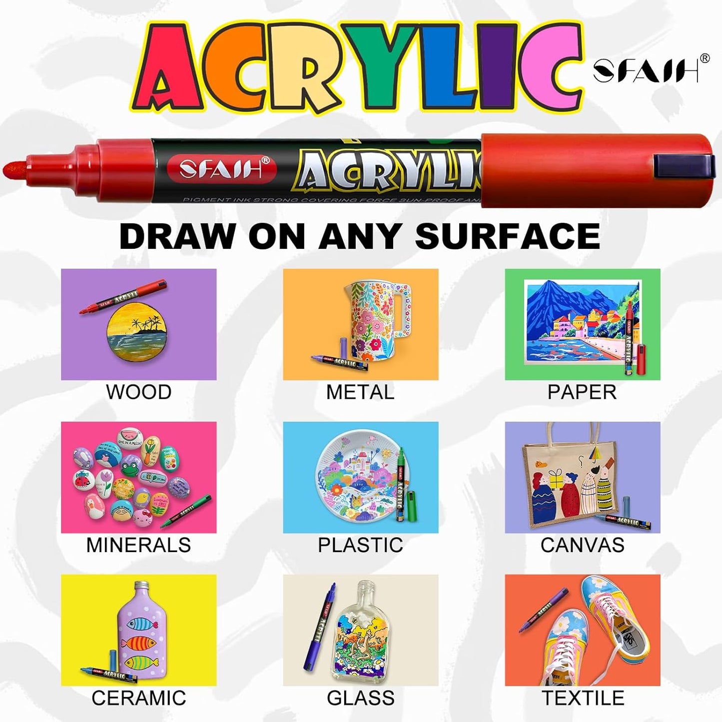 SFAIH Acrylic Creative Markers - 3mm Replaceable Nibs 8 Colors, Large Ink Capacity, Ultra-High Coverage, Non-Bleeding Water-Based Ink, Drawing Markers for Art Supplies, Wood, Fabric, Rock Painting